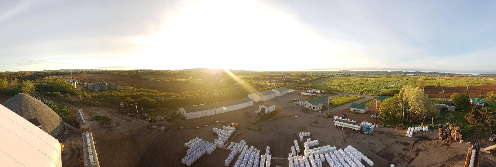 Truro Agromart location and facility aerial view on a day with sun and blue skies